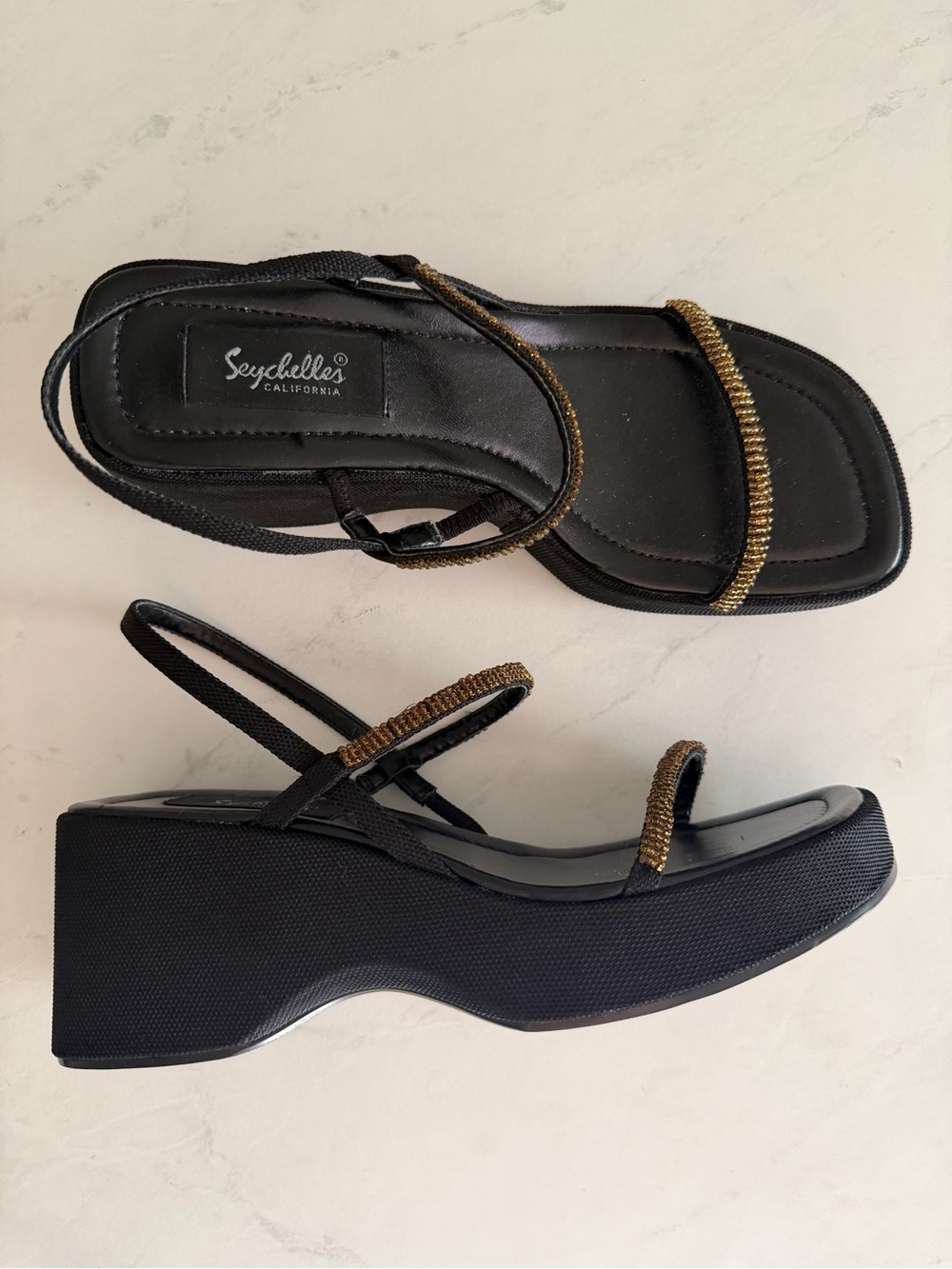 Y2K Vintage Seychelles Black Wedge Sandals Gold Beaded Straps NEVER WORN 8.5